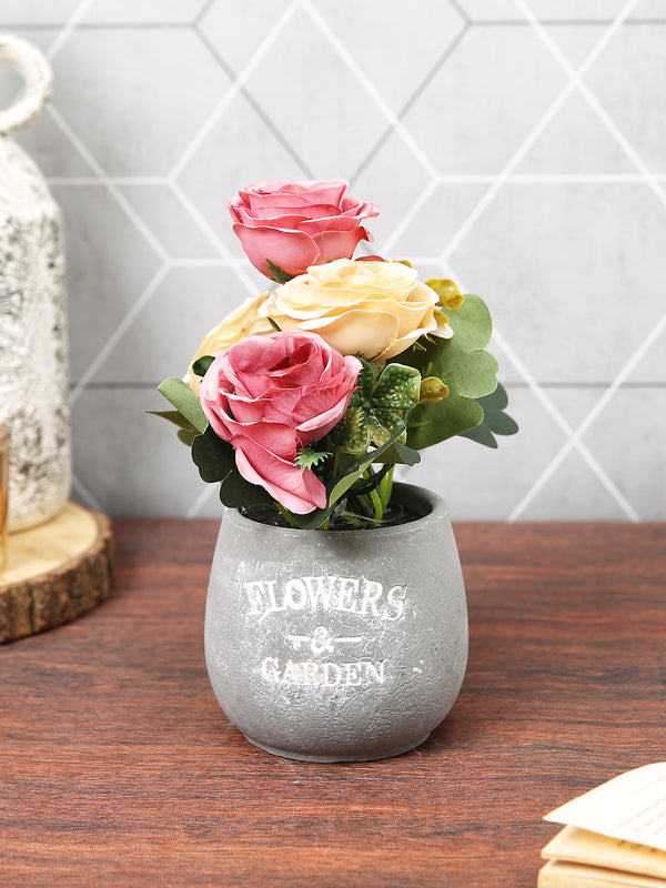 Red & Yellow Rose Flowers & Plant With Ceramic Vase