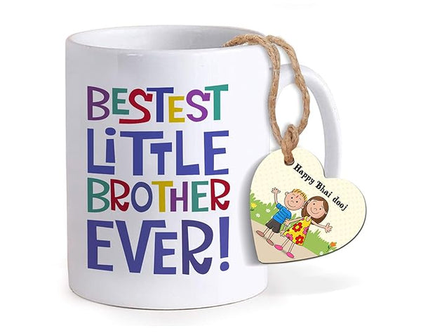 White & Yellow 4 Pieces Bhai Dooj Gift Printed Coffee Mug Card & Kalawa