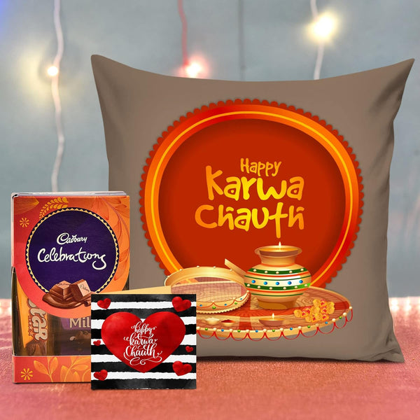 Karwa Chauth Cushion with Cadbury Celebration Chocolates Pack Mini Card