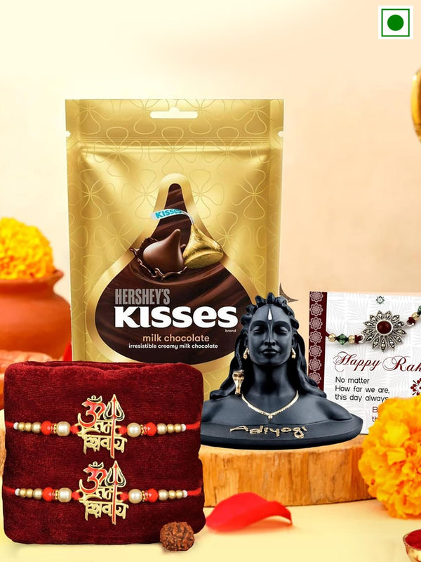 Set of 2 Rakhi with Adiyogi Idol & Chocolate | Rakhi Card and Roli Chawal Tika