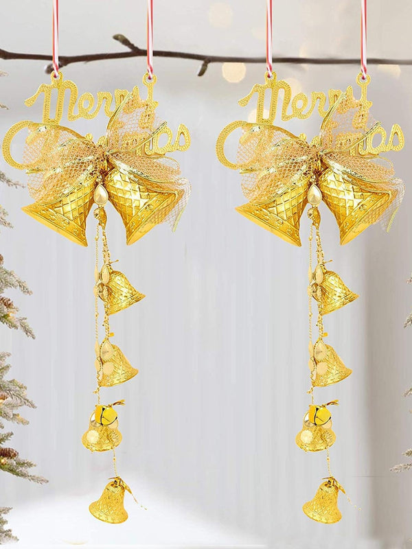 Set of 2 Gold-Toned Christmas Wall Door Door Hanging Bells Decorative