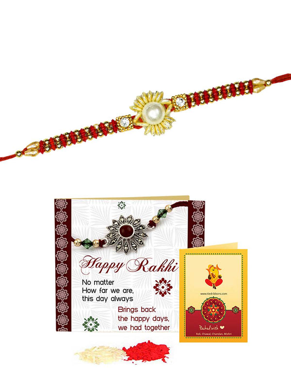 Designer Red Stone Rakhi with Wishes Card and Roli Chawal Tika