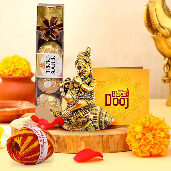 Bhai Dooj Combo Gifts (Metal Krishna Idol) for Brother with Ferrero Rocher Chocolates, Kalawa & Roli Chawa