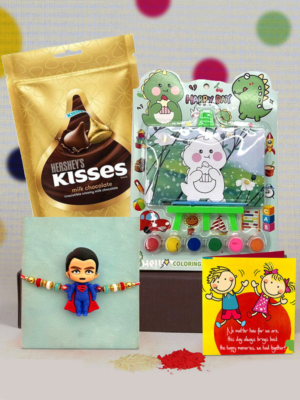 Rakhi for Kids with Gift - Kids Rakhi with Hersheys Kisses Chocolates Pack with Coloring Board Gift Set