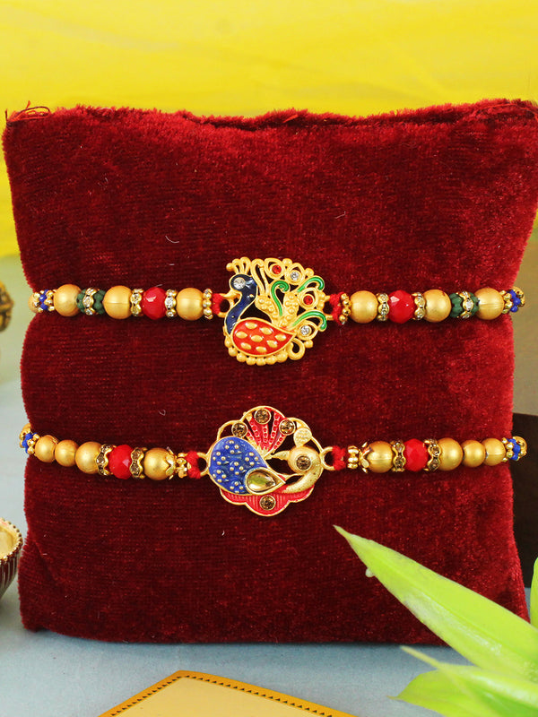 Designer Peacock Rakhi (Set of 2) for Brother with Wishes Card and 1 Roli Chawal