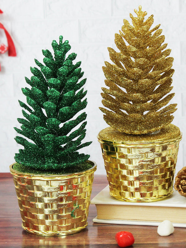 Green & Gold Artificial Mini Christmas Tree Home Decor with Golden Base