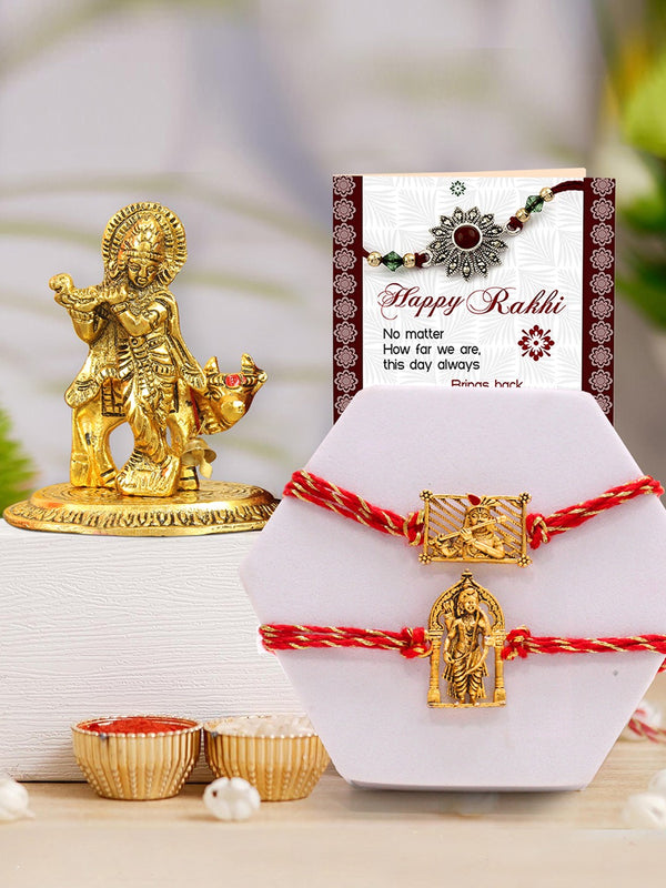 Rakshabandhan Set of 2 Premium Rakhi & Cow Krishna Idol | 1 Card,Roli Chawal Tika