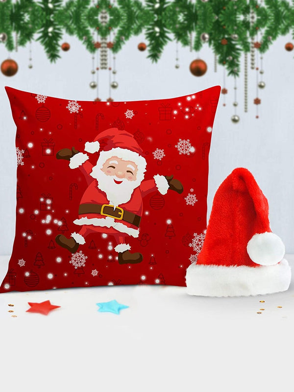 White & Red Christmas Printed Cushion Cover With Filler & Santa Cap