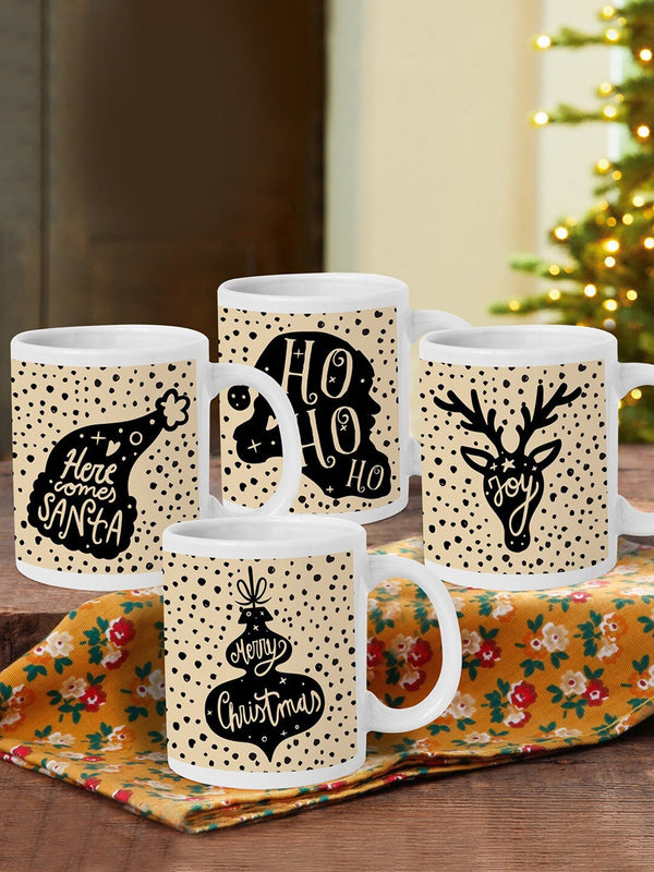 Set of 4 Beige & Black Christmas Theme Printed Ceramic Matte Cups