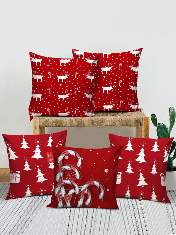 Red Set of 5 Graphic Printed Square Cushion Covers