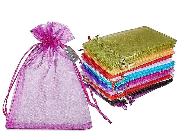 Organza Potlies Bags Pouches with String (18 X 12 cm, Multicolour) - Set of 50