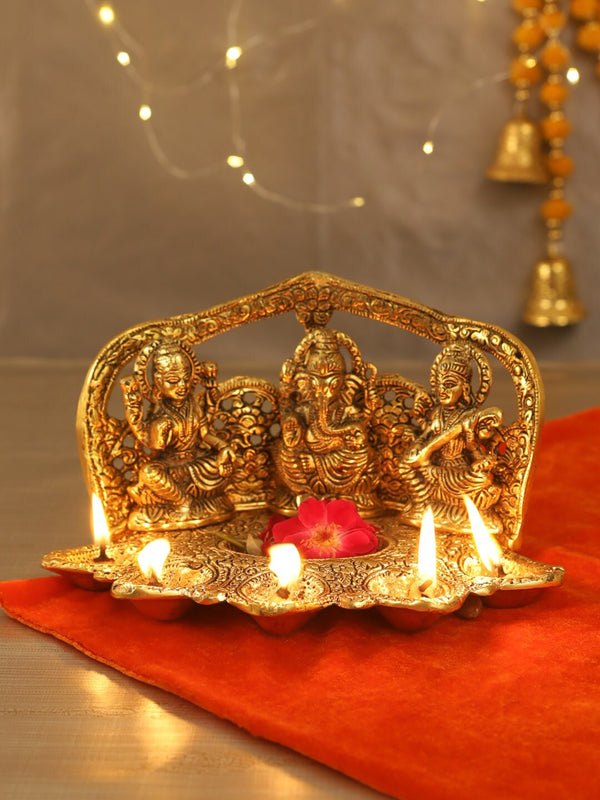 Gold-Toned Textured Metal Handcrafted Laxmi Ganesh Saraswati Idol Showpiece