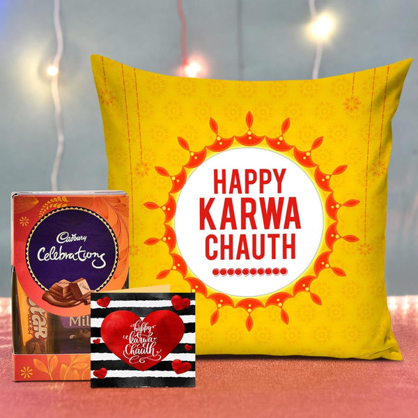 Karwa Chauth Printed Cushion Cover with Filler with Cadbury Celebration Chocolates Pack Mini Card