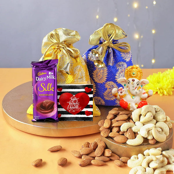 Karwa Chauth Almonds Cashew Dairy Milk Silk Chocolate with Mini Ganesha Idol and Greeting Card