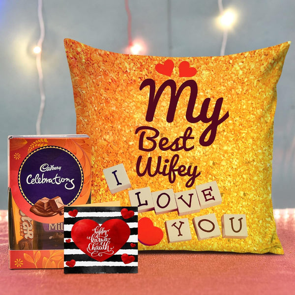 Karwachauth Gift Cushion with Cadbury Celebration Chocolates Pack Mini Card