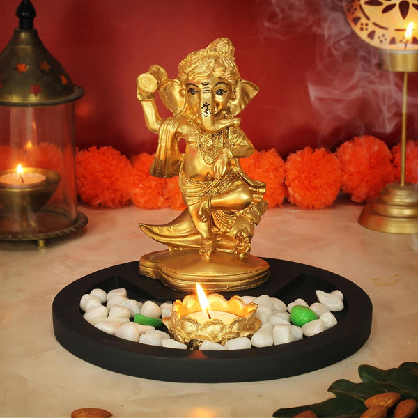 Gold-Toned and Brown Ganesha Idol with Tray and Tealight Candles Showpiece