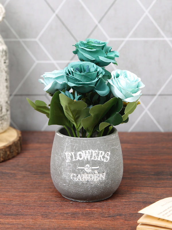 Teal & Green Rose Flower & Plant With Ceramic Pot