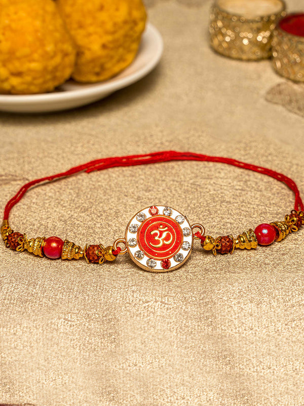 Premium Om Rakhi for Bhaiya with Rakhi Card, Roli Chawal & Tika
