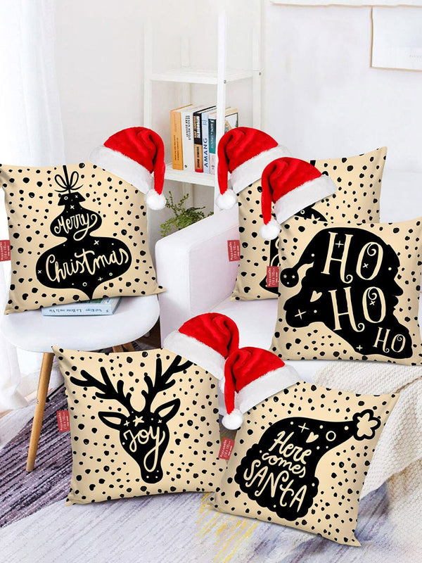 Set of 5 Beige & Black Quirky Square Cushion Covers with Santa Caps