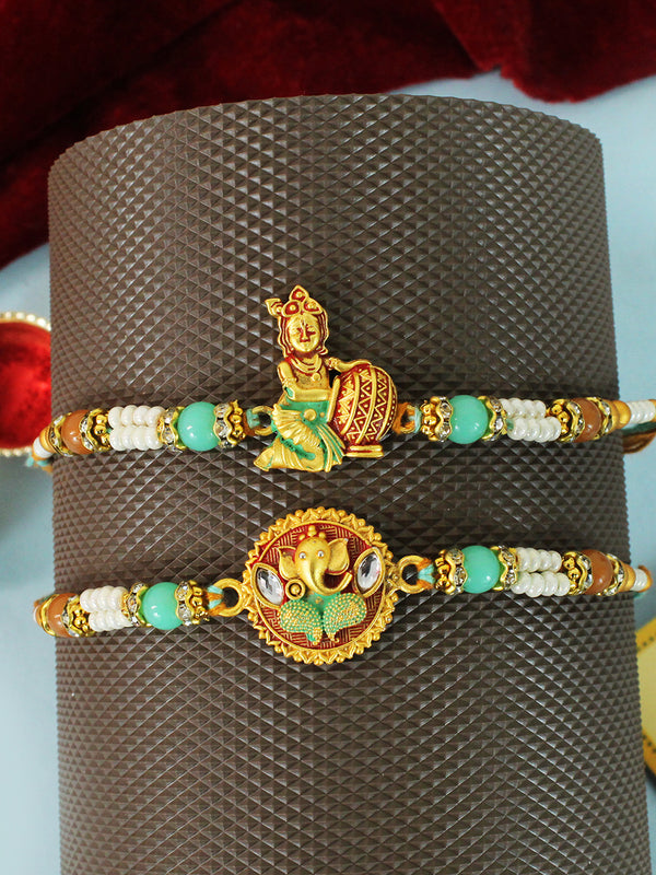 Set of 2 Rakhi (Krishna & Ganesha) for Brother with Rakhi 1 Card and Tika Packet