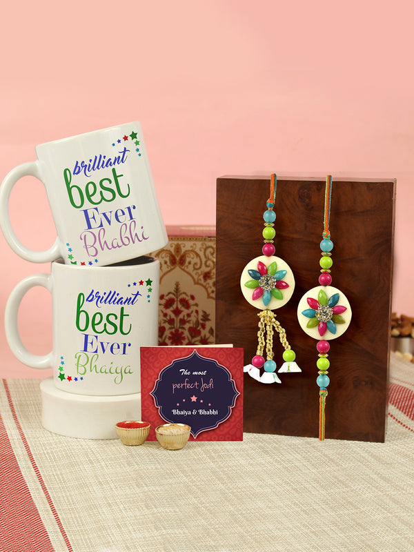 Rakhi for Bhaiya and Lumba Rakhi for Bhabhi With Set of 2 Mug, Rakhi Card, 1 Roli Chawal Tika