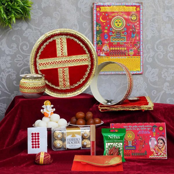 Karwachauth Thali Set with Gulabjamun Rasgulla Chocolates and Karwa Chauth Pooja Samagri