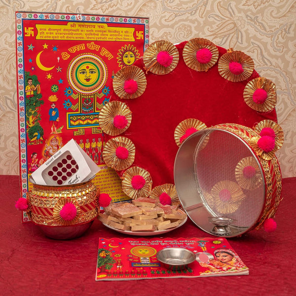 Red Karwachauth Thali Set With Cover & Pooja Samagri with Kaju Katli Sweets