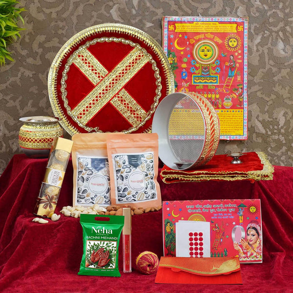 Karwachauth Puja Thali Set with Cover Chocolates  and Dry Fruits Combo