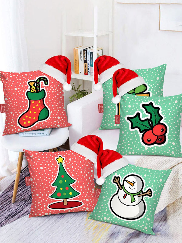 Set of 5 Cartoon Characters Square Christmas Cushion Covers with Santa Caps