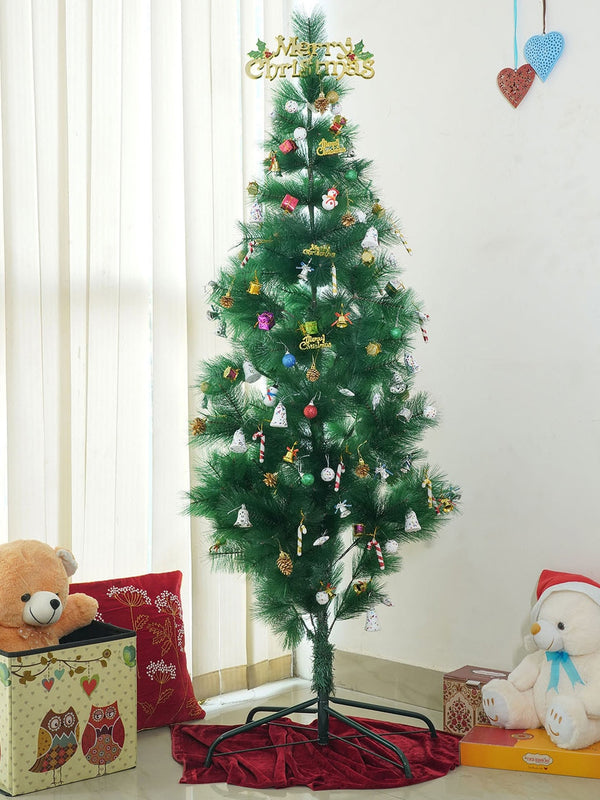 Green Christmas Decor Artificial Pine Tree 6ft with 101 Ornaments Props