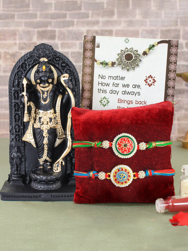 Set of 2 Designer Rakhi for Brother and Ram Lalla God Figurine with 1 Mini Card and Roli Chawal Tika
