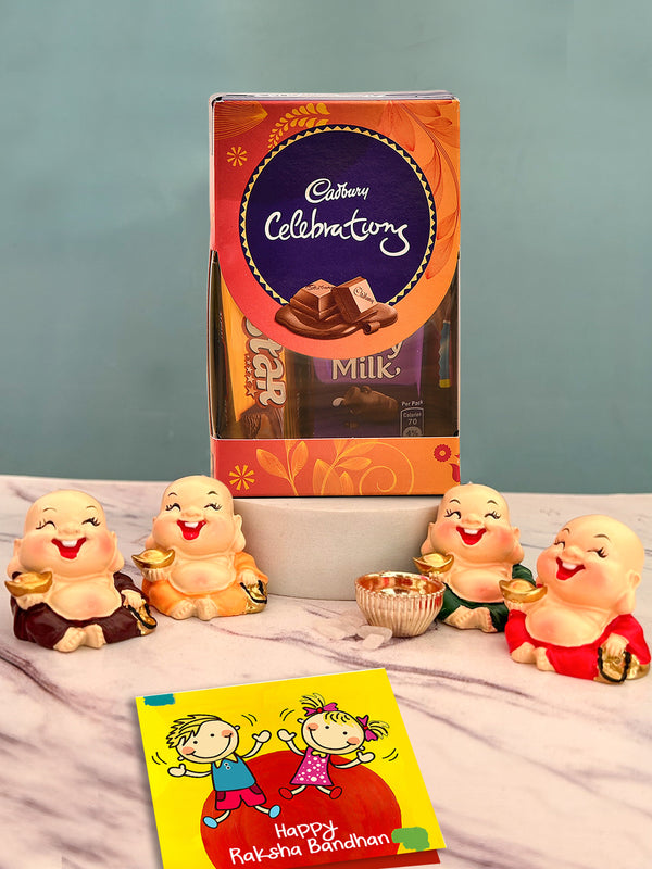 Rakhi Return Gift for Sister Girls Kids with Gift Chocolates Combo - Rakshabandhan Return Gifts for Sister with Mini Laughing Buddha Statue Showpiece Chocolate and Greeting Card