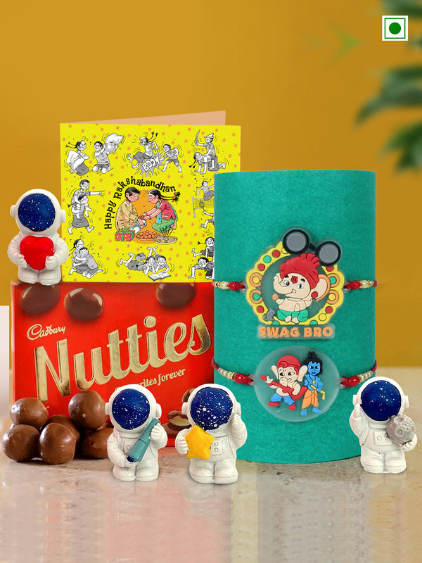 Set of 2 Premium Cartoon Ganesha Rakhi for Kids Boys Baby Brother with Chocolate Mini Astronauts Toys Statue Card and Roli Chawal
