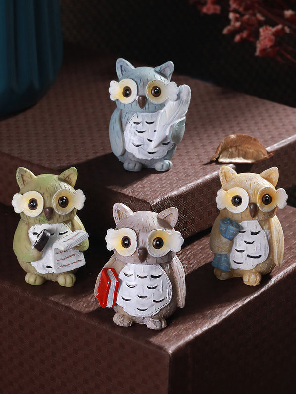 4 Pieces Brown & Beige Owl Miniature Figurine Showpieces