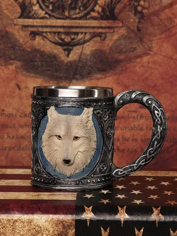 Silver-Toned & Blue 3D Wolf Design Skull Coffee Mug