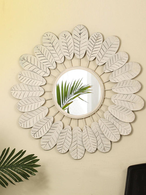 Beige Textured Decorative Leaf Framed Metal Mirror