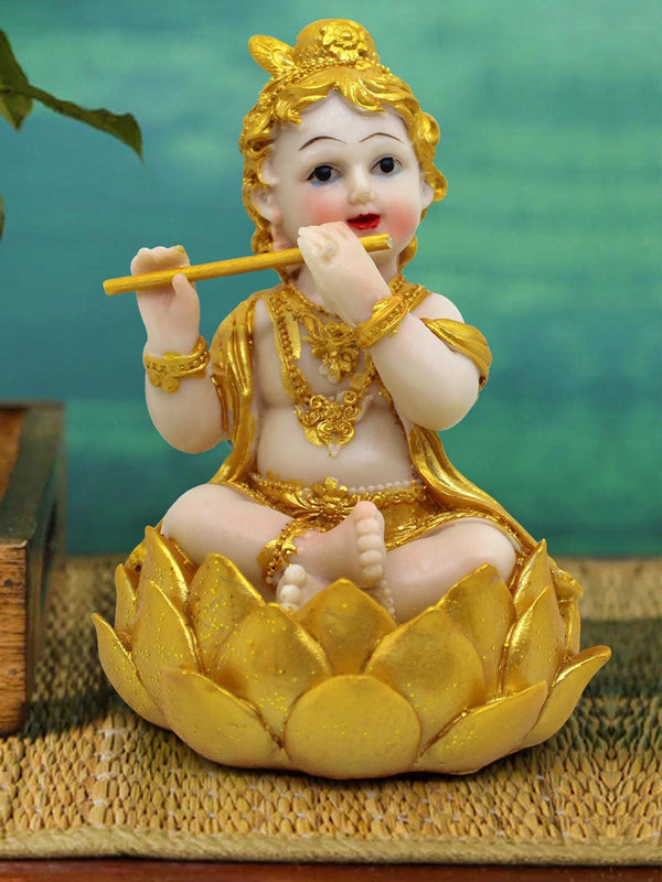 Beige and Gold Toned Polyresin Lord Krishna Idol Showpiece