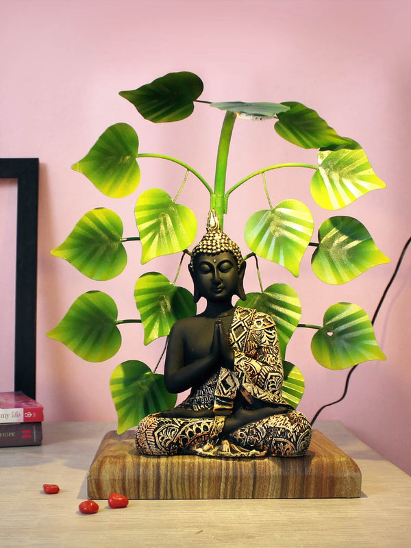 Black Buddha Idol Statue with Tree and Led Light Showpiece