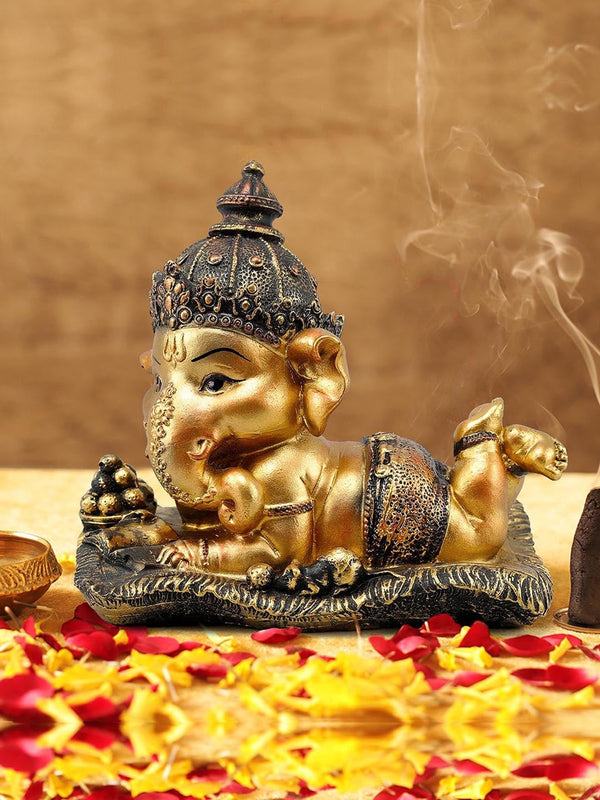 Black & Gold-Toned Handcrafted Lord Ganesha Idol Murti Statue Showpiece