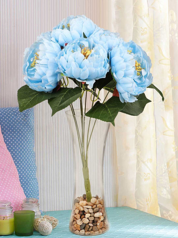 Blue and Green Artificial Flower Bunch With Glass Pot