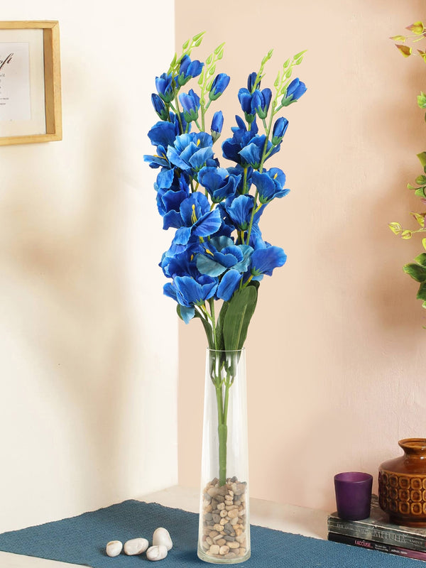 Blue and Green Artificial Flower Bunch with Glass Vase