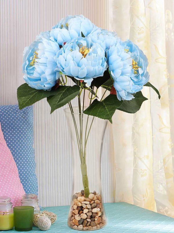 Blue and Green Decorative Artificial Peony Flower Bunch Without pot
