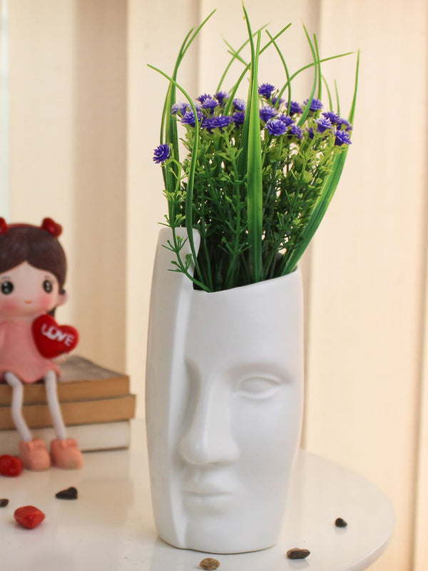 Blue and White Artificial Gypsophila Flowers Plant With Face Pot Vase