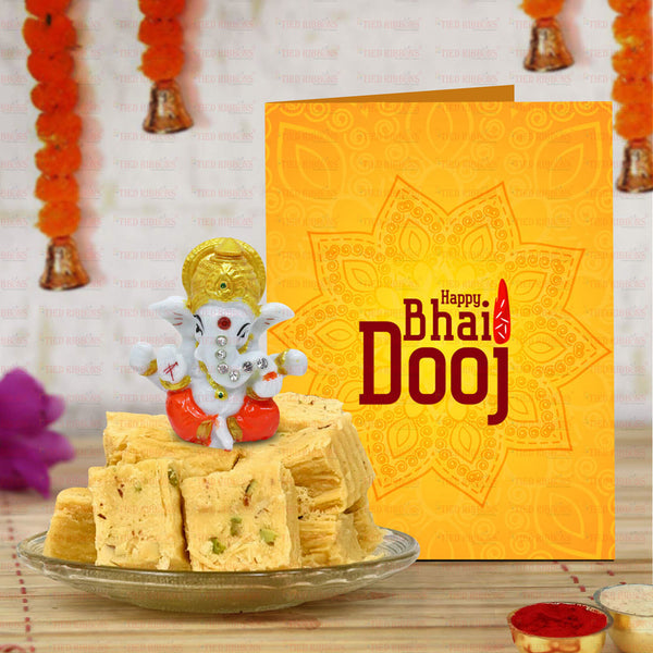 Bhai Dooj Sweet & Ganesha Idol Combo with Kalawa and Roli Chawal