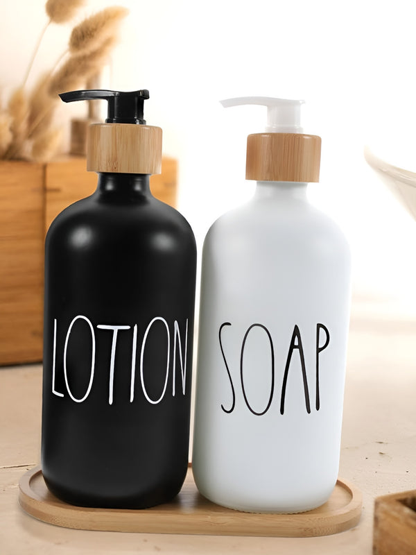 White & Black 2 Pieces Printed Glass Soap Dispensers