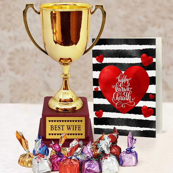 Karwachauth Cute Golden Trophy with Hand Made Chocolate