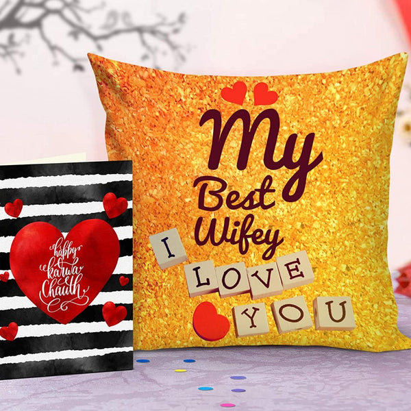 Karva Chauth Special Cushion & Card Gift For Lovely Wife