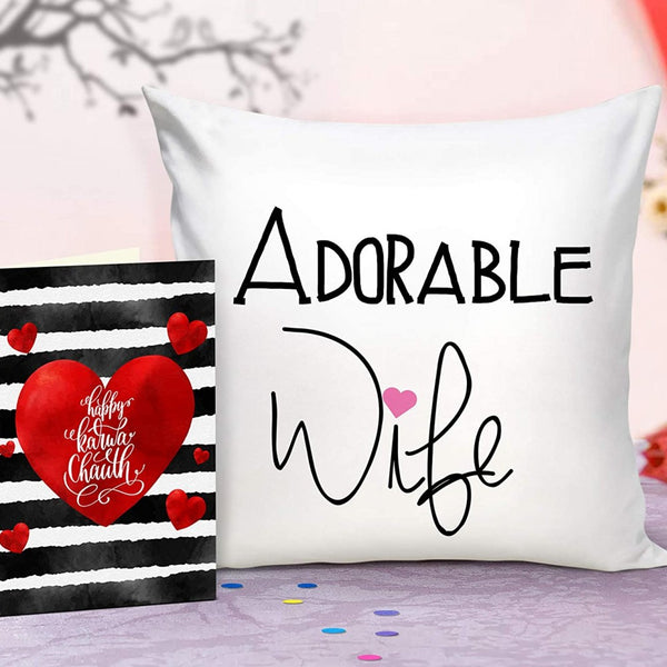 Karva Chauth Special Cushion with Card Gift For Lovely Wife