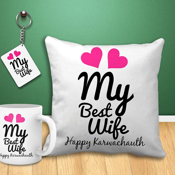 Perfect Cushion with Mug and Key Chain Gift Set For Outstanding Wife