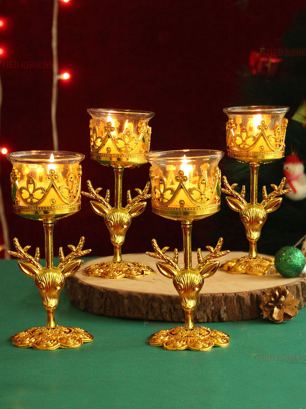 Christmas Yellow Deer Glass Candle Light Set of 4